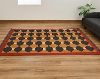 Handvävd kelimmatta i jute, geometrisk dhurrie, bohemisk inredning, heminredning, vardagsrum, orientalisk, traditionell, flerfärgad, kelimmatta