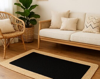 Handwoven Hemp Jute Runner Indian Jute Braided Rug Black Striped Stair runner  Entry way Outdoor Indoor Home Living Room Decor Vintage Rug