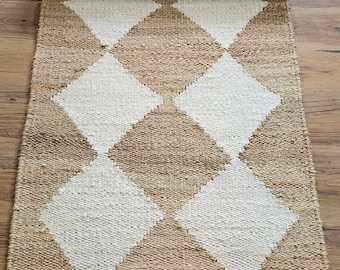 White Diamond Hemp Jute Runner Rug, Handwoven Jute Dhurrie Rug, Neutral Boho Farmhouse Runner, Flatweave Natural Fiber Hallway Rug