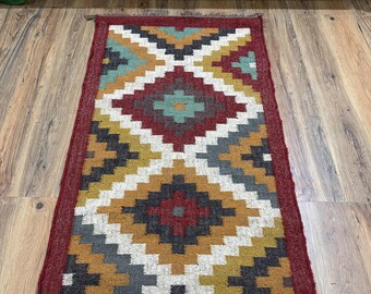 Handwoven stairs runner Wool Jute Kilim Runner Rug, Geometric Tribal Design vintage kilim runner rug