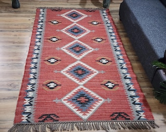 Vintage wollen jute kelimtapijt, handgemaakt, wol- en jutetapijt handgeweven, kelim dhurrie-tapijt, tapijten op aangepast formaat, traditioneel Indiaas jutetapijt.