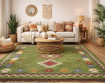 Handwoven Wool Jute Kilim Rug, Wool Jute Rug, Kilim Jute Rug, Custom Rug Flatweave Rug, Bohemian Rug, Indian Dhurrie Rug, Navajo Kilim Rug,