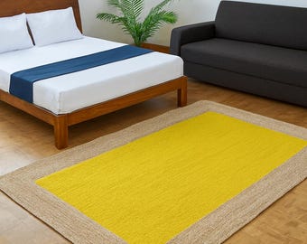 Handmade Braided Jute Rug – Yellow Center with Natural Border, Rustic natural Eco-Friendly Floor Decor"