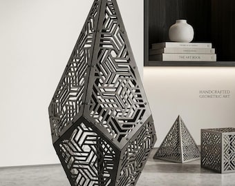 Geometrisk skulptur DXF-fil för laserskärning, 3D-metallkonst SVG, CNC-fräsmönster, abstrakt lampskärmsvektorplan, HexaZenith