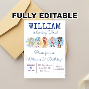 Sonic 3 Birthday Invitation, Super Sonic Party Invitation, Super Hedgehog Boys Party Invite, Editable Sonic Invite Template, Canva Template