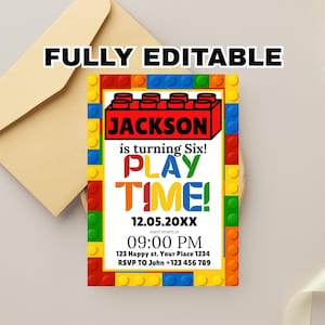 Building Blocks Birthday Invitation, Construction Party Theme, Kids Birthday Party Invitation, Any Age, Editable Canva Template