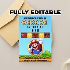 Super Mario-Geburtstagseinladung, Mario Bros-Geburtstagseinladung, Mario-Einladung, bearbeitbare druckbare Mario-Einladungs-Geburtstagsvorlage