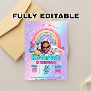 Edytowalny szablon zaproszenia urodzinowego Gabbys Dollhouse, drukowane zaproszenia na przyjęcie urodzinowe, cyfrowe zaproszenie na przyjęcie urodzinowe, zaproszenie na kartkę urodzinową