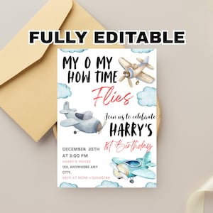 Time Flies 1st Birthday Invitation Template, Airplane 1st Birthday Invitation, Boy Airplane Party Invite, Kid Birthday Invite
