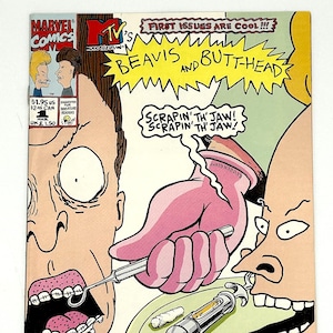 May include: A comic book cover featuring Beavis and Butt-Head. The artwork depicts a dental scene with the characters, dental tools, and the text "SCRAPIN' TH' JAW!". The Marvel Comics and MTV logos are visible.