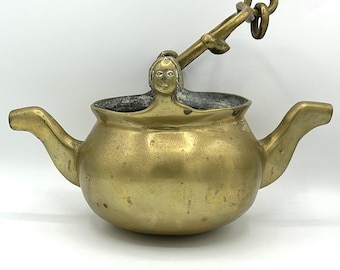 1800s Antique Hand Hammered Brass Lavabo Vessel | Figural Face Handle | European Arts & Crafts Decor | Heavy Sculptural Statement Piece