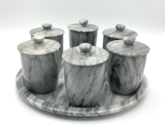 Vintage Marble Canister Set with Tray | 7 Piece Gray Stone Kitchen Storage | Coffee Station Jars | Vanity Organizer | Heavy Luxury Decor