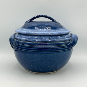 Signed Studio Pottery Lidded Casserole Dish | Handmade Blue Stoneware Bean Pot | Rustic Farmhouse Kitchen Decor