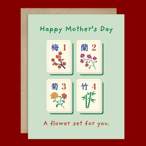 Funny Mother's Day Card | Mahjong Green Chinese Game Tile Flower Bonus Set Asian Greeting Card for Mom Grandma Wife Daughter In Law Stepmom