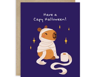 Funny Halloween Card | Capybara Mummy Have a Capy Halloween Pun | Cute Kawaii Animal Toilet Paper Costume Chibi Anime Gift