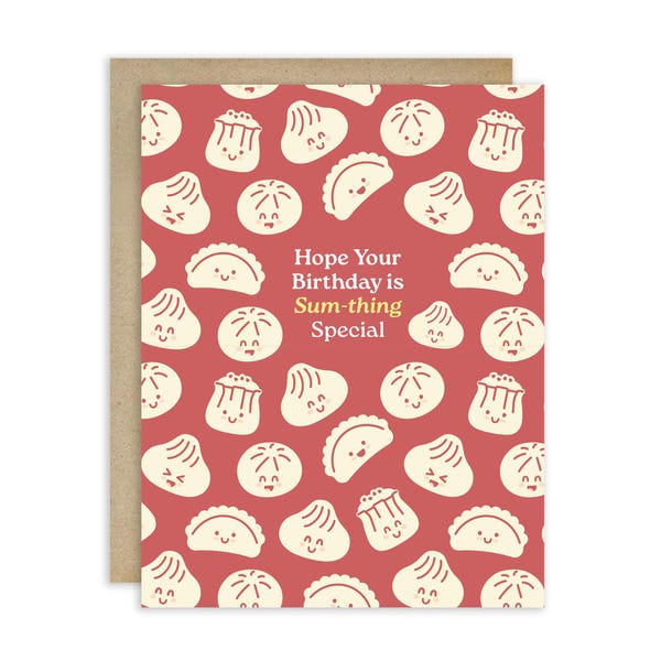 Dim Sum Chinese Birthday Card | Cute Red Asian Snacks Food Xiao Long Bao Greetings | Unique Happy Bao Soup Dumplings Kawaii Art Gift