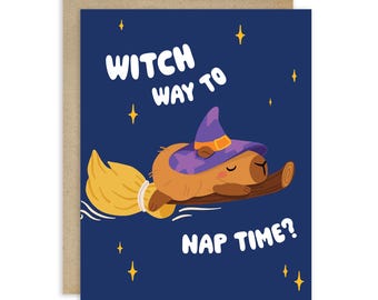 Funny Halloween Card | Capybara Witch Which Way to Nap Time Pun Broomstick | Cute Kawaii Animal Costume Chibi Anime Gift