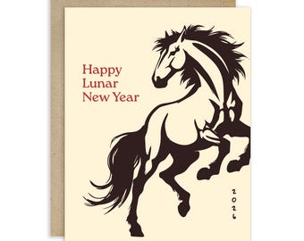 Lunar New Year Card | Stallion Calligraphy Brown Greetings Year of Fire Horse | Chinese Greetings | Unique Asian Kawaii Art