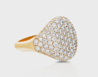Anillo de sello con diamantes cultivados en laboratorio pavé, anillo de oro real de 14k para el dedo meñique, anillo minimalista brillante, oro de 10k y 18k, pequeño engaste micro, anillo de burbuja con cúpula gruesa