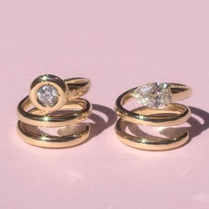 Coil Bezel Set Diamond Ring Unique Wrap Around Gold Statement Ring 14k Solid Gold Open Spiral Cocktail Ring Swirl Round Diamond Puffy Ring
