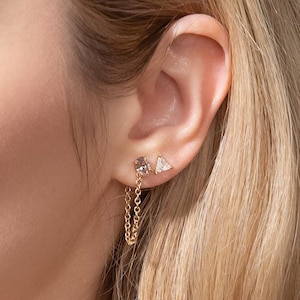 Diamond Ear Chain Gold Earring With Chain Dainty Cartilage Double Piercing Chain Minimalist Chain Earrings Unique Gold Diamond Earrings
