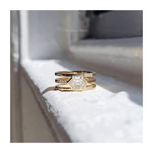 Hexagon Diamond Ring Art Deco Lab Diamond Engagement Ring 14K 18K Real Solid Gold 1.5 Carat Step-Cut Three Band Ring Unique Minimalist Ring image 1