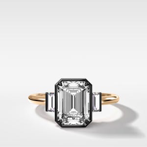 Emerald Diamond Black Bezel Set Engagement Solitaire Ring 14K Solid Gold Emerald Cut Baguette Cut 3-Stone Diamond Modern Daily Wear Ring