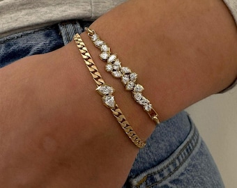 14k Real Solid Gold Cuban Chain Link Bracelet 18k Minimalist Marquise Pear Cut Diamond Linked Bracelet Everyday Wear Wedding Gift For Her