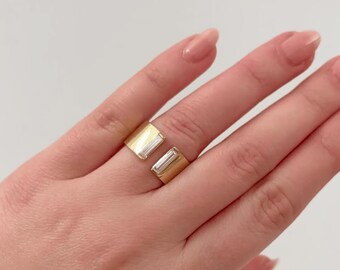 Double Baguette Cut Wide Diamond Gap Band Ring Lab Grown Baguette Diamond 14K 18K Solid Gold Cigar Band Ring Unique Open Gap Statement Ring
