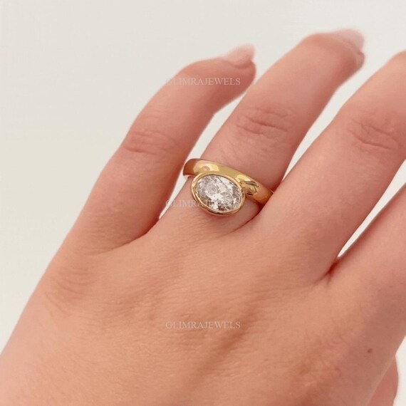 East West Oval Diamond Band Ring 1.5 Carat Real Lab Diamond 14K Solid Gold Bezel Set Diamond Engagement Ring 18 Karat Proposal Gold Ring