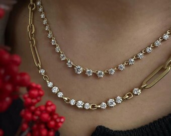 Diamond Link Necklace 18k Real Solid Gold Paper Clip Necklace Modern Minimalist Gold Chain Necklace Gift For Women 14k Round Cut Lab Grown