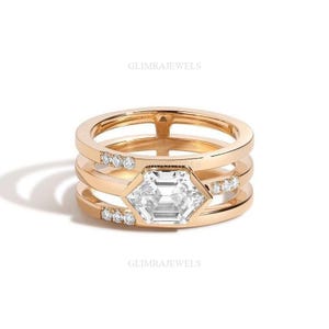 Hexagon Diamond Ring Art Deco Lab Diamond Engagement Ring 14K 18K Real Solid Gold 1.5 Carat Step-Cut Three Band Ring Unique Minimalist Ring image 3