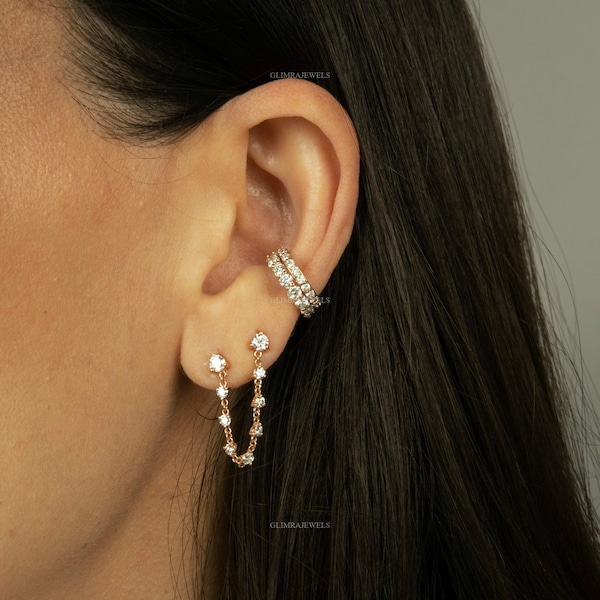 14k 18k Gold Doppel Piercing Ketten Ohrringe Zwei Loch Ohrkette mit Runden Diamant Bolzen Einzigartige 18k Moderne Einzigartige Echt Gold Baumelnde Ohrring