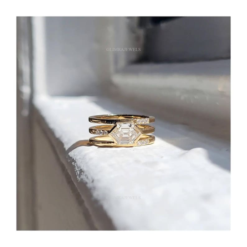 Hexagon Diamond Ring Art Deco Lab Diamond Engagement Ring 14K 18K Real Solid Gold 1.5 Carat Step-Cut Three Band Ring Unique Minimalist Ring image 6