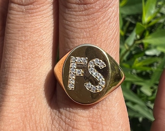 Signet Pinky Ring Two Initial Diamond Ring Custom Letter Ring Personalized 14k 18k Real Solid Gold Lab-Grown Diamond Ring Oval Signet Ring