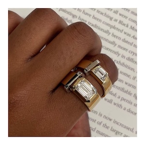 Men’s Trapezoid Diamond Wedding Band Real Lab Diamond 14K 18K Solid Yellow Gold Year Anniversary Gift Moissanite Diamond Mens Band Ring