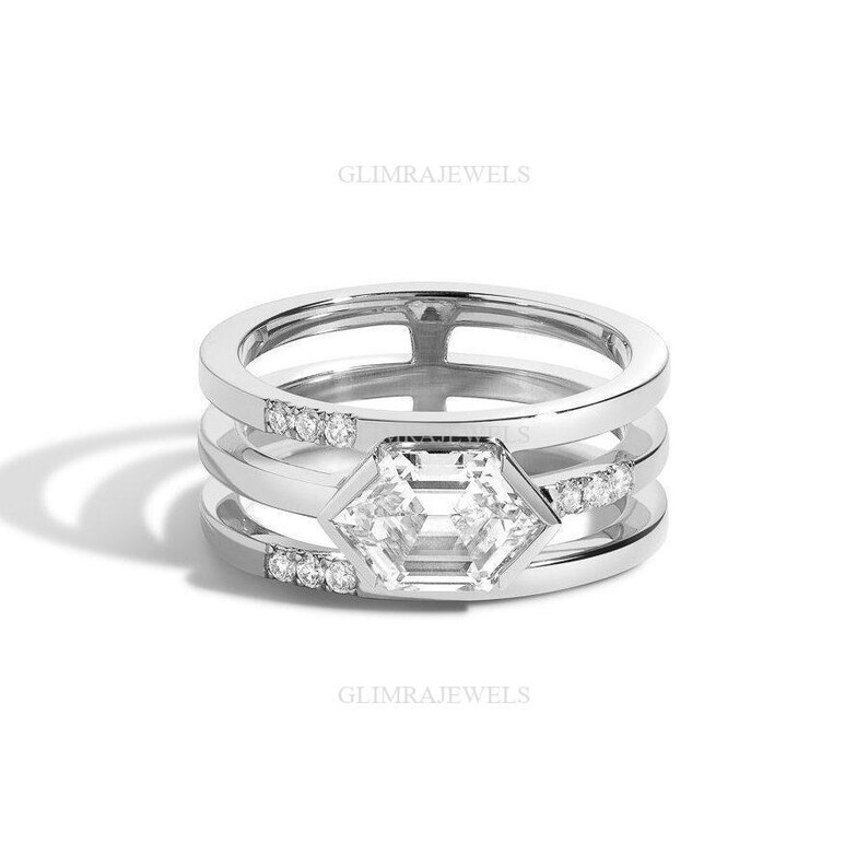 Hexagon Diamond Ring Art Deco Lab Diamond Engagement Ring 14K 18K Real Solid Gold 1.5 Carat Step-Cut Three Band Ring Unique Minimalist Ring image 5