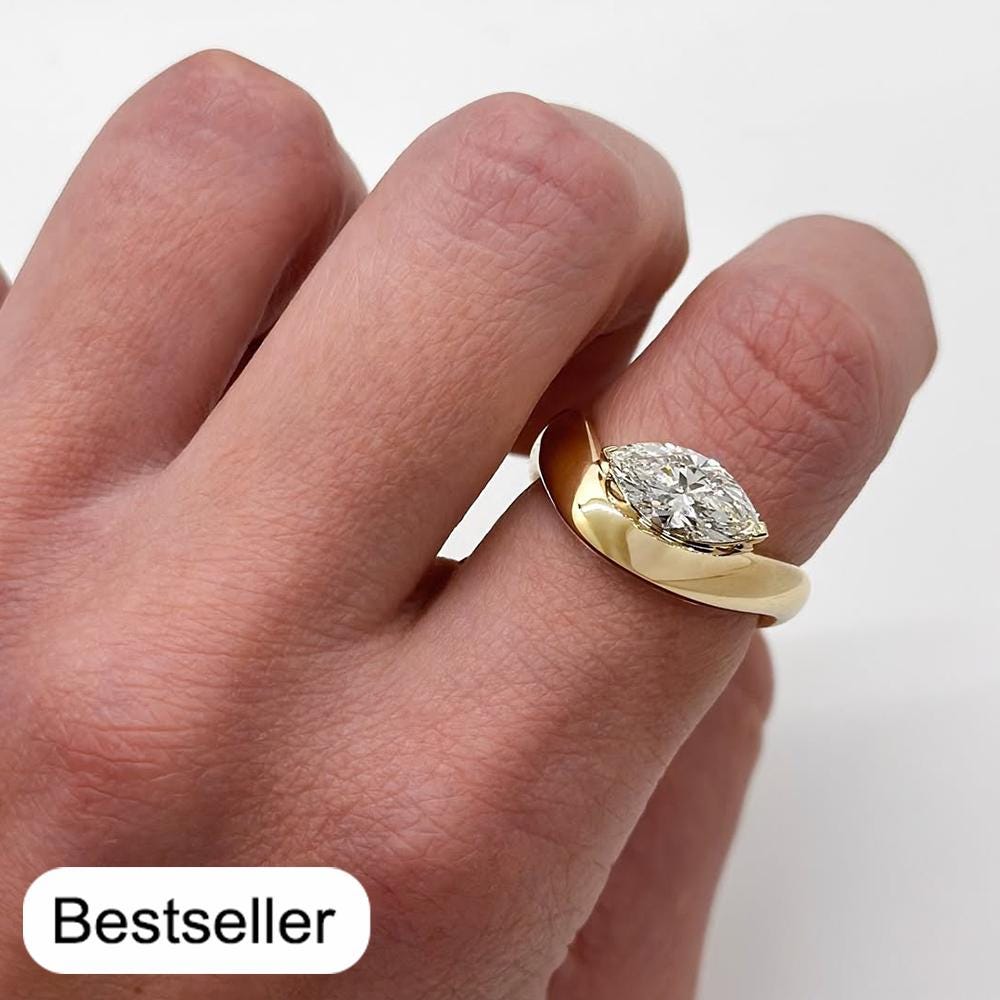 Wave Marquise Cut Diamond Cloud Ring Sculptural Band 14K Real Solid Gold Lab Grown Diamond Ring 18K Modern Engagement Ring Wavy Band Ring