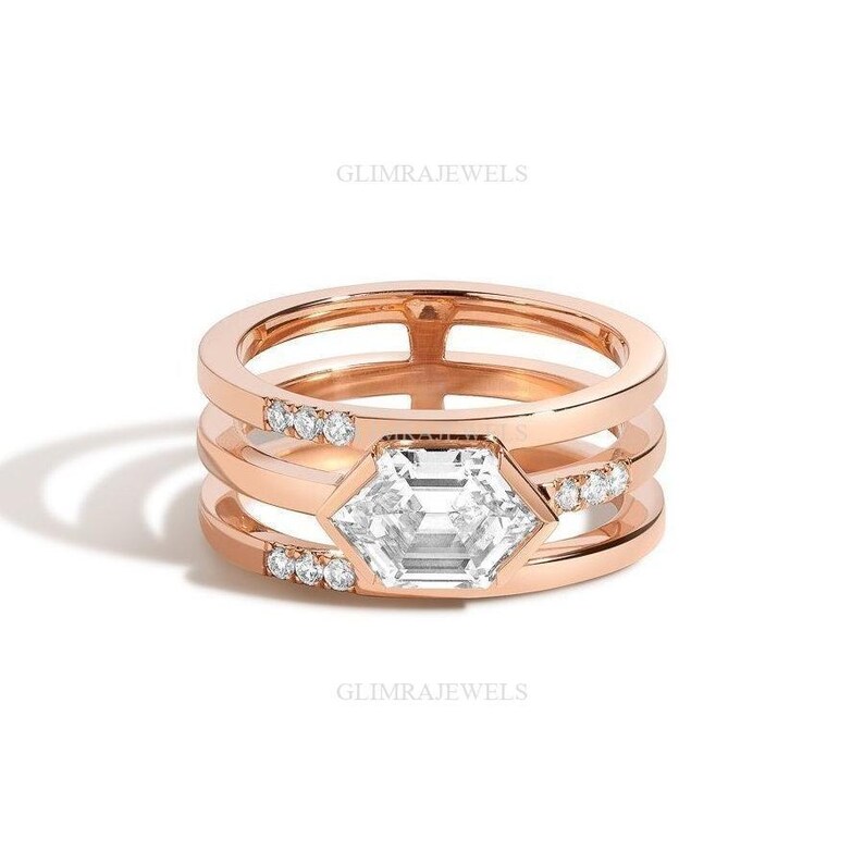 Hexagon Diamond Ring Art Deco Lab Diamond Engagement Ring 14K 18K Real Solid Gold 1.5 Carat Step-Cut Three Band Ring Unique Minimalist Ring image 9