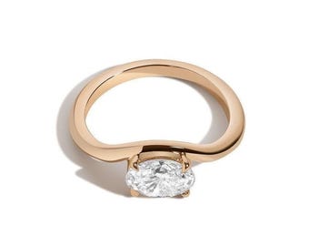 Oval Diamond Curved Ring 1 Carat Real Lab Diamond Art Deco Inspired 14K 18K Solid Yellow Gold Protective Bridal Ring Trendy Ring For Women