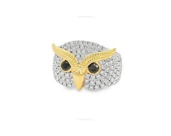 14k Real Gold Diamond Statement Ring 18k Owl Bird Inspired Dome Ring Black And White Round Cut Diamond Unique Ring Luxury Cocktail Gold Ring