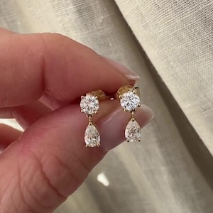 Dangly Delicate Teardrop Stud Earrings Double Diamond Dangle Drop Stud Two Diamond Earrings 14k 18k Solid Gold Wedding Earrings Gift for Her