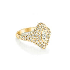 Anillo de sello marquesa de oro macizo de 14k, audaz, único y llamativo. Anillo de oro macizo con diamantes cultivados en laboratorio, engaste pavé y bisel. Regalo para ella.