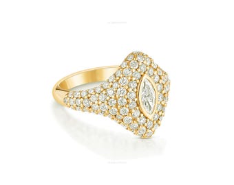 14k Real Gold Marquise Signet Ring Bold Unique Chunky Statement Ring Lab-Grown Solid Gold Pave Setting And Bezel Diamond Ring Gift For Her