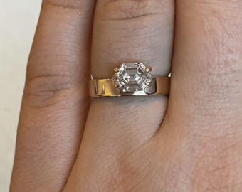 Unique Diamond Cut Engagement Ring Offset Wide Band Ring Real Lab Grown Diamond 1 Carat Elongated Hexagon 14K 18K Solid Gold Promise Ring