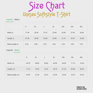 K&ouml;nnte beinhalten: Eine Gr&ouml;&szlig;entabelle f&uuml;r ein Unisex-Softstyle-T-Shirt, gedruckt auf Gildan 64000. Die Tabelle zeigt Breiten-, L&auml;ngen- und &Auml;rmell&auml;ngenma&szlig;e in Zoll und Zentimetern f&uuml;r Gr&ouml;&szlig;en von S bis 4XL in einem &uuml;bersichtlichen Tabellenformat.