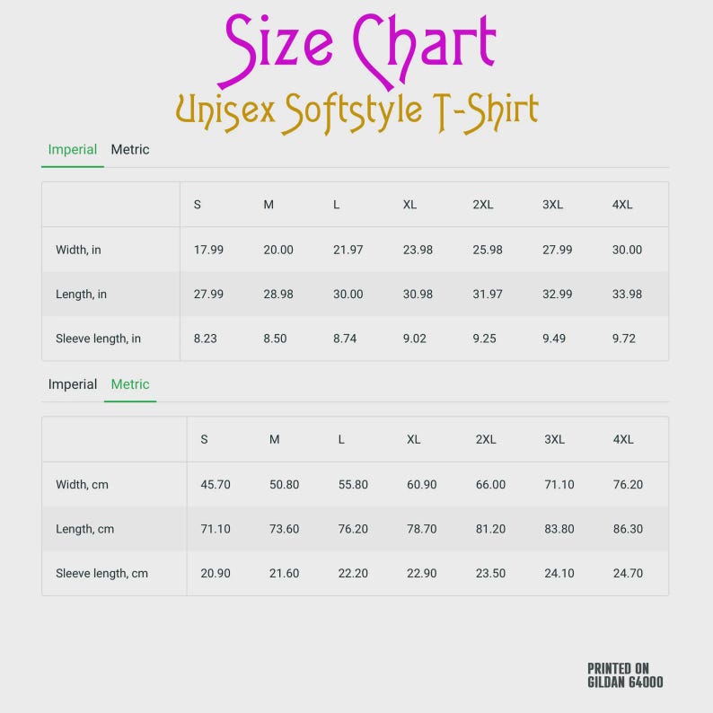 K&ouml;nnte beinhalten: Eine Gr&ouml;&szlig;entabelle f&uuml;r ein Unisex-Softstyle-T-Shirt, gedruckt auf Gildan 64000. Die Tabelle zeigt Breiten-, L&auml;ngen- und &Auml;rmell&auml;ngenma&szlig;e in Zoll und Zentimetern f&uuml;r Gr&ouml;&szlig;en von S bis 4XL in einem &uuml;bersichtlichen Tabellenformat.