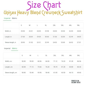 May include: Size chart for a unisex heavy blend crewneck sweatshirt. The chart shows measurements in inches and centimeters for sizes S through 5XL. The chart includes width, length, and sleeve length.
