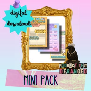 May include: A digital download mini pack featuring a gold ornate frame with colorful planner pages. The pages include text such as "Gremlin To-Do Corral" and "Executive Action Bingo". A black raven figurine with a crown and pearl necklace is also present.