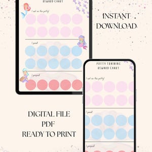 May include: A digital potty training reward chart displayed on a tablet and smartphone. The chart features pink, blue, and red circles, mermaid illustrations, and the text "I sat on the potty!", "I peed!", and "I pooped!" The words "DIGITAL FILE PDF READY TO PRINT" are also visible.